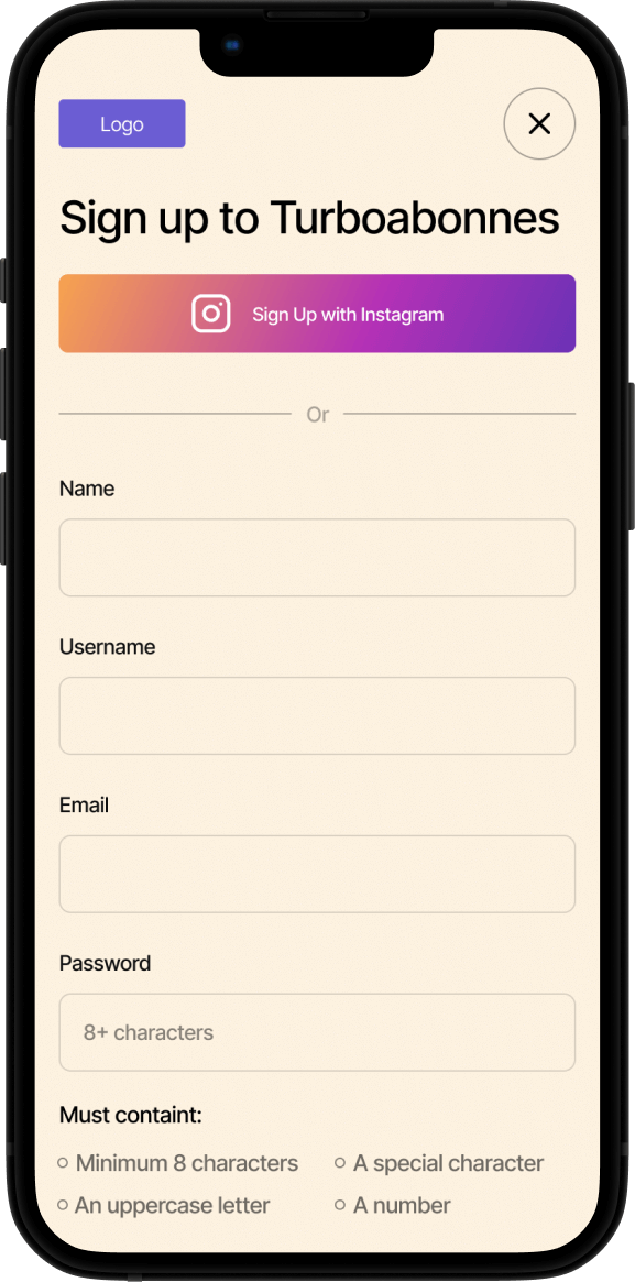 Sign Up to TurboAbonnés, UI example iPhone (iOS)